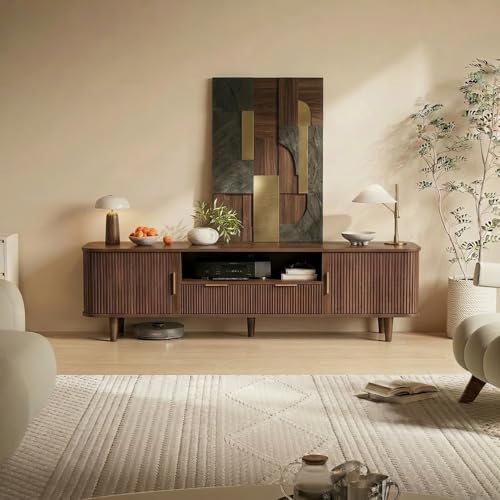 Cychuily Mid Century TV Stand for TVs Up to 70 Inch, Fluted Media Console with Tambour Sliding Door, Solid Wood Entertainment Center with Storage for Living Room Bedroom Office(Walnut)