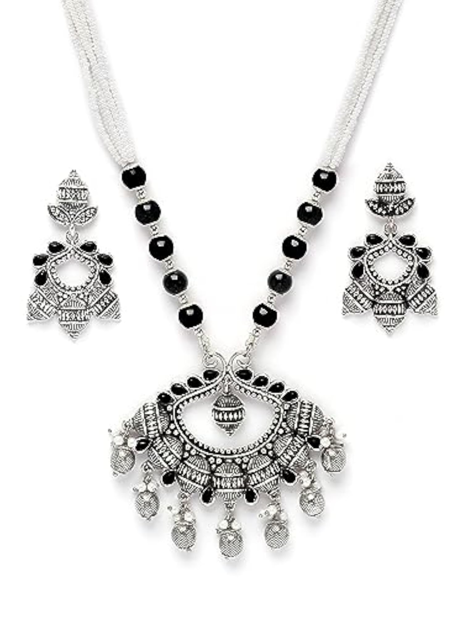 Women's Black Beads Oxidised Silver Necklace Set, Elegant