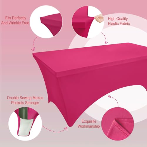 Image of FOLINS&HOME 2 Pack Fuchsia 6ft Fitted Spandex Water Resistant Tablecloth | Washable Elastic Rectangle Table Cover for 6 Foot Folding Tables, Stretch Table Cloth for Weddings, Banquets, Parties (2 Pcs)