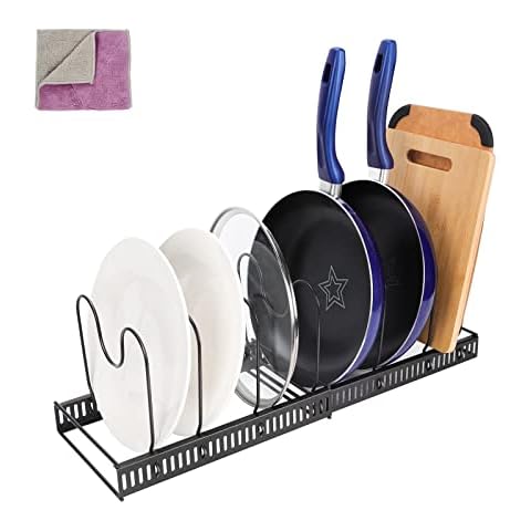 Expandable Pot Rack Organizer, Pot and Pan Organizer for Cabinet, Pot Lid Organizer with 3 DIY Methods, Pot Rack Organizer with 7 Tiers, Pot Organizer Deep U-shaped Design with 1pc Cleaning Cloth Cover