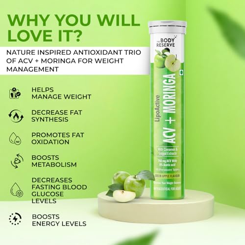 Image of The Body Reserve ACV Moringa Effervescent Tablets - Apple Cider Vinegar, Cinnamon, Moringa, Pomegranate | Supports Metabolism, Cravings, Digestion & Immunity | Green Apple Flavor | Pack of 4 (60 Tablets)