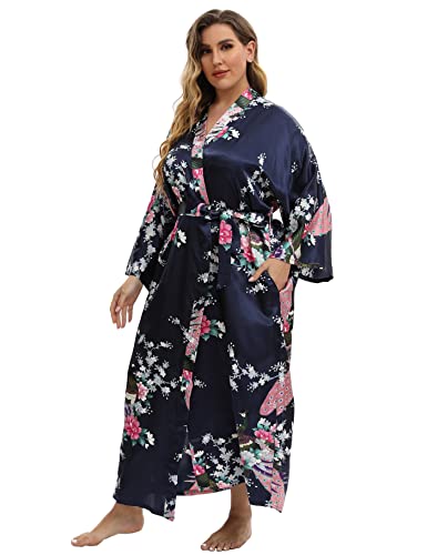 Image of Women's Floral Long Satin Robes Plus Size Long Silk Robes Peacock Floral Kimonos Sleepwear Dressing Gown