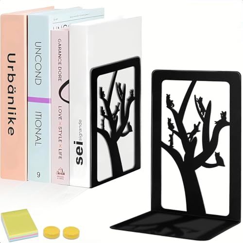 Qualsen 2 Pieces(1 Pair) Book Ends, Tree and Cat Bookends, Book Ends for Shelves, Duty Metal Bookend, Book Stopper for Home Office Desk, Back to School Supplies (Black)