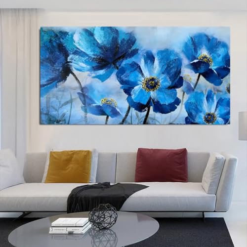 Tableau fleurs bleues abstraites pour habiller grand mur vide salon