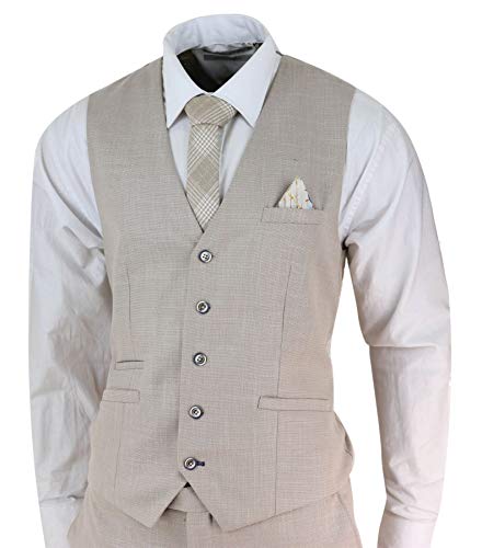 Mens 3 Piece Suit Linen Beige Cream 2 Button Tailored Fit Classic Retro #TOP2