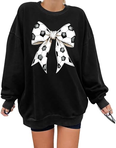 Soccer Sweatshirt Women Soccer Bow Long Sleeve Shirt Soccer Lover Tshirt Football Fan Graphic Tees...