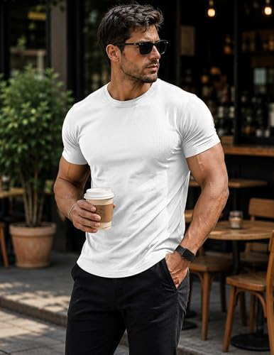 Image of JMIERR Mens Short Sleeve T Shirt Summer Muscle Slim Fitted Crewneck Longline Tees Shirts for Gym Workout