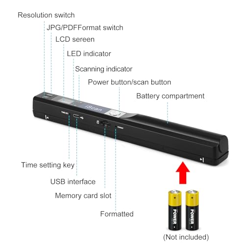 ANNCARY ポータブルハンドヘルドスキャナー ドキュメントワンドスキャナー ハンドヘルド ビジネス写真レシートブック JPG/PDFフォーマット選択 マイクロSDカードハンドスキャナー B