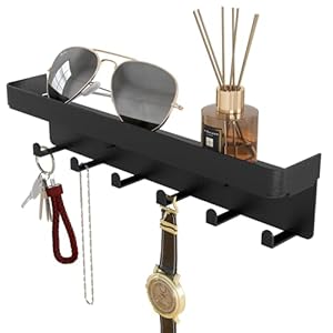 Key Holder for Wall Rustic Key and Mail Organizer 6 Key Hooks with Shelf Small Key Rack with Tray Adhesive Key Hanger Wall Mount for Entryway Hallway Living Room Decor, Metal, Matte Black