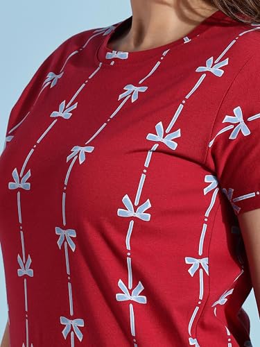 Image of 9shines Label Hosiery Cotton Knee Length Short Night Dress | Short Nighty for Women with Pocket | Graphic Print Nightwear | Night Gown for Women (M-7XL)