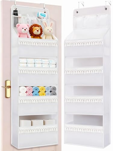 Image of Wakaye Over Door Organizer - Boho Nursery Hanging Organizer with Tassels -Oxford Behind Door Storage for Bedroom, Bathroom, Closet, Dorm, Pantry, Baby Diapers, Toys, Plush, 4 Tiers, White
