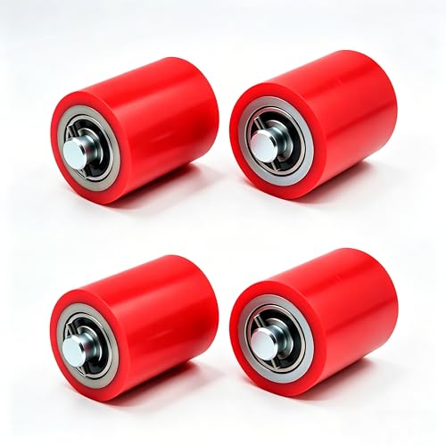 Image of Heavy Duty Pallet Jack Load Wheels Replacement Kit (2 Pairs / 4 Wheels) - 3 inch x 3.75 inch (74.5mm x 93mm) Polyurethane Tread, Pre-Installed 20mm Bearings w /Axles & Pins (Red)