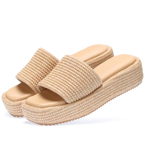Image of Monrovia Platform Sandals Women Raffia Espadrille Slides, Woven Straw Flatform Beach Sandals Women, Slip On Summer Vacation Shoes, Comfortable Casual Daily Wear
