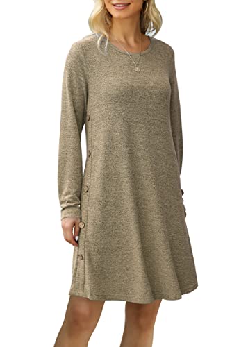 MOLERANI Vestido Tipo Jersey para Mujer Vestido de Manga Larga Vestido Tipo túnica Informal con Botones para Mujer con Bolsillos Caqui M Cover