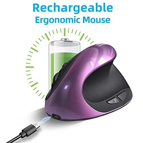 Woddlffy Ergonomic Mouse Wireless,Rechargeable Vertical Mouse Right Handed Small Mouse With 6 Buttons 3 Adjustable 800/1200/1600 Dpi For Laptop,Desktop,Pc, Macbook（Purple #TOP2