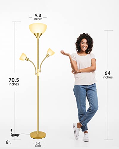Gold Floor Lamps For Living Room, Bright Standing Lamp, 70.5" Tall Pole Lamp With 3 Lights, Modern Torchiere Tree Floor Lamp, Rotate Switch, 2700K Led Beads, 50,000Hrs Lifespan,Corner Lamp For Bedroom #TOP4