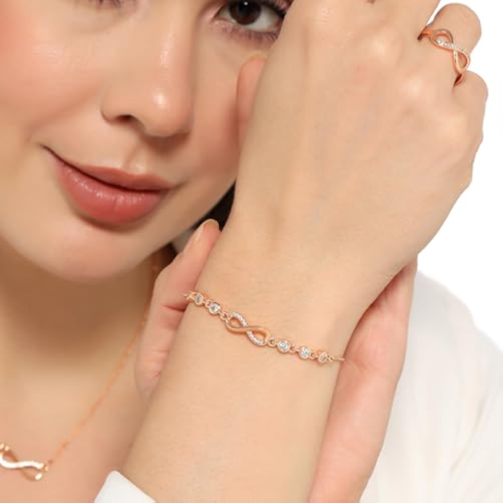 Infinity Shape Pendant with Adjustable Ring and Bracelet, Gift Set