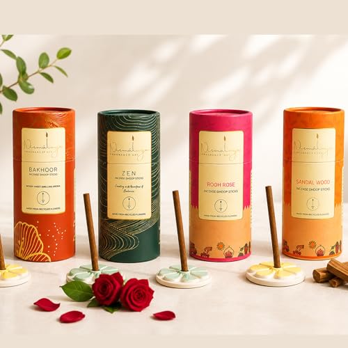 Image of Nirmalaya Premium Rooh Rose, Zen, Sandalwood, Bakhoor Bambooless Dhoop Sticks (160 Sticks) with Ceramic Stand | Pack of 4 | 100% Charcoal-Free | for Pooja, Meditation, Yoga & Home Fragrance