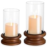 Hewory Portavelas de cristal Hurricane: portavelas rústico marrón para velas de pilar, soporte de madera decorativo vintage con vidrio cilíndrico transparente para centro de mesa, chimenea, chimenea