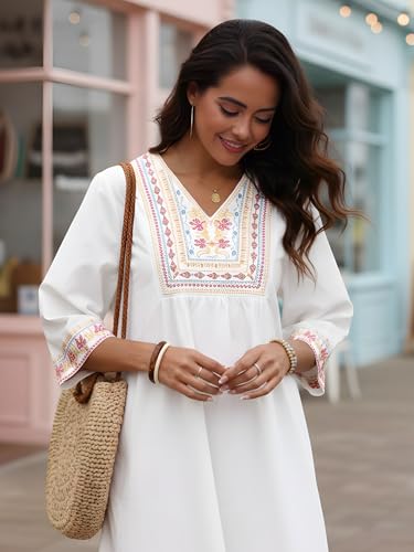 Image of LauraKlein Mexican Embroidered Dress for Women Plus Size Boho 3 /4 Sleeve Summer Dresses Fiesta V-Neck Casual Vacation Clothes