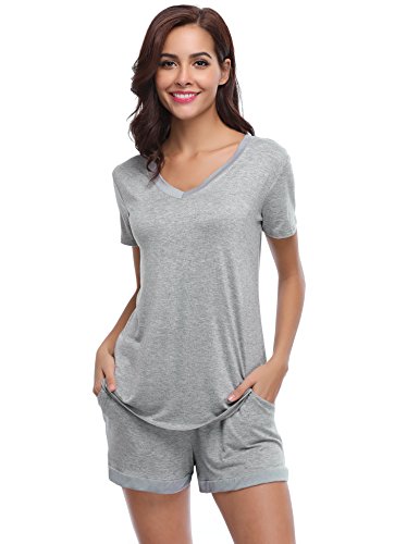 Aibrou Women's V Neck Short Sleeve Sleepwear Cotton Pajama Set, Gray, X-Large