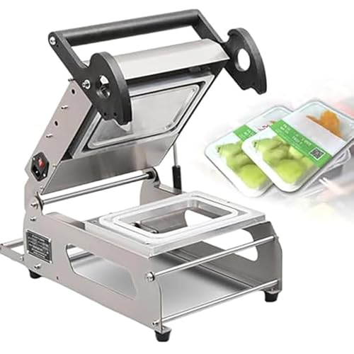 Máquina de sellado térmico manual comercial con control de temperatura para embalaje de alimentos, ideal para sellar cajas y bandejas para llevar con verduras, frutas, carne y pescado
