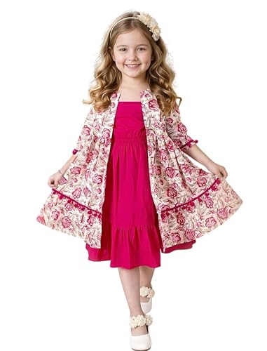 Image of Girls Floral Printed A-Line Cotton Below The Knee Dress with Attached Shrug | Girls Dresses Design No PP280 Color Pink Size 9-10Y