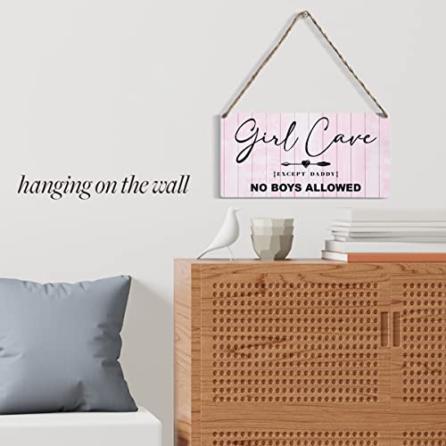 Rustic Wood Sign Home Farmhouse Wall Hanging Decor Girls Room Decor Funny Pink Wooden Wall Art Decor Decorative Plaque Sign For Teen Girls Living Room Bedroom Decor Girls Cave No Boys Allowed #TOP2
