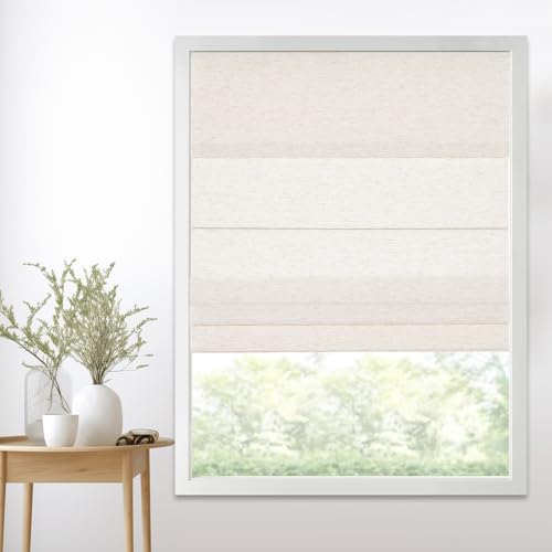 Persilux Cordless Light Filtering Roman Shades for Windows,Natural Woven Linen Fabric Roman Shades,Thermal Insulated Roman Blinds,UV Protection for Bedroom, Living Room, Office,Cream,Customize Size
