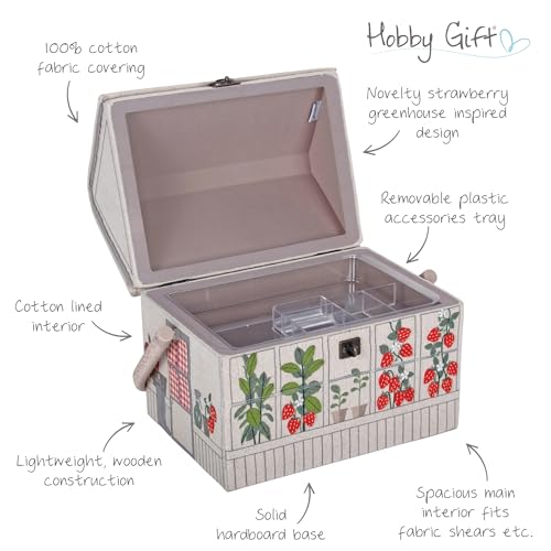 Image of Hobby Gift Strawberry Greenhouse Sewing Box Craft Storage Basket with Handle Internal Accessories Tray for Sewing Knitting and Hobby Supplies