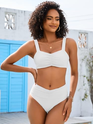 ANRABESS Bathing Suit for Women Tummy Control Bikini Set 2025 Beach Front Ruched Mid Waist Swimsuit with Adjustable Straps2