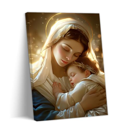 Toile Vierge Marie et Jésus - Cadeau chrétien idéal pour baptême et mariage avec cadre
