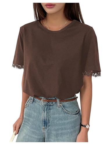 RoseSeek Women's Lace Trim Tops Crew Neck Short Sleeve T Shirts Casual Summer Tops Brown Small