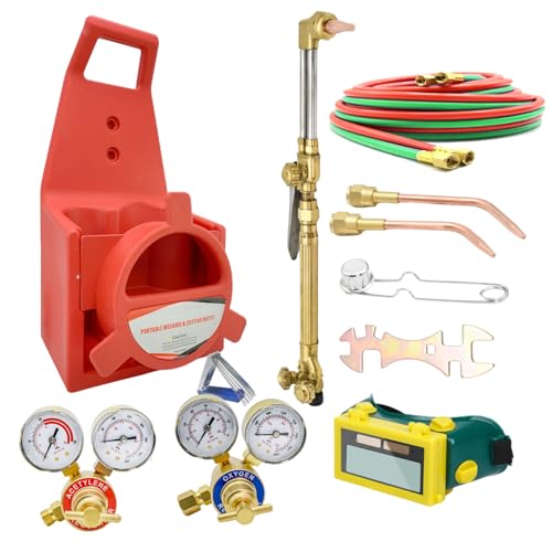 YOXIER Oxy-Acetylene Welding & Cutting Torch Kit – 4L Oxygen + 2L Acetylene Tanks (Empty), Brass Torch, Regulators, Hose, And Accessories – Portable Red Case