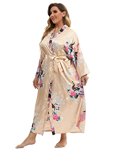 Image of Women's Floral Long Satin Robes Plus Size Long Silk Robes Peacock Floral Kimonos Sleepwear Dressing Gown