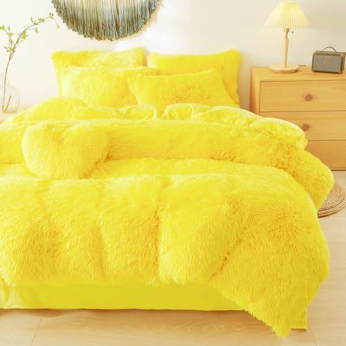 Faux Fur Fluffy Yellow Comforter Cover Twin Set – Plush Faux Fur Yellow Bedding 2-Piece Set (1 Furry Duvet Cover + 1 Shaggy Pillow Sham) Cozy Bed Set