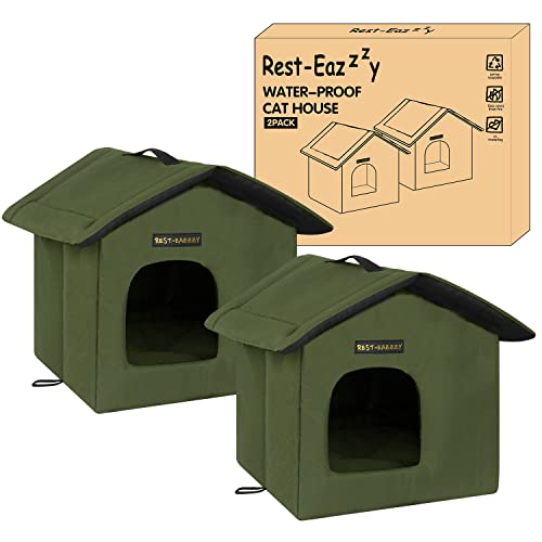 Rest-Eazzzy Cat House for Outdoor Cats, Weatherproof and Insulated Feral Cat House with Mat and Clip, Easy to Put Together, Selfwarming Cat Shelter for Winter(Olive Green, Canopy House X 1)