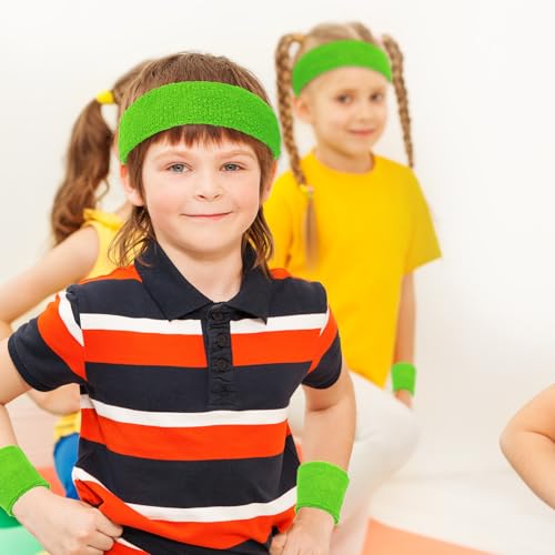 Image of Bememo 36 Pcs Neon Sweatbands Set for Kids 12 Headbands 24 Wristbands Bulk Sports Sweat Bands Athletic for Children Basketball Tennis Running Gym Student Gifts Glow Party