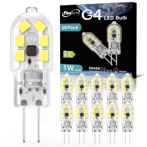 FluxTech G4 LED Bulbs 1W, AC/DC 12V, Cool White 6000K, Equivalent 15W 20W G4 Halogen Lamp, 165LM, Non Dimmable No Flickering Energy Saving Capsule Light Bulb for Home-Lighting,10 Pack