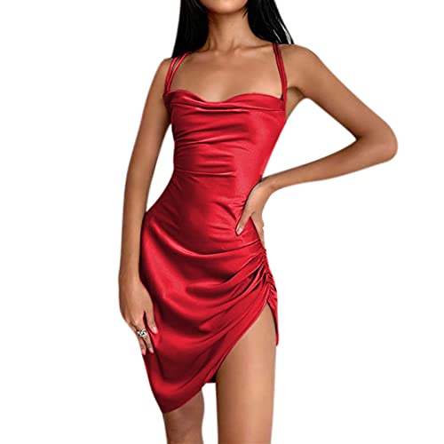 Image of JUMISEE Women Satin Ruched Lace Up Bodycon Mini Dress Sexy Backless Spaghetti Strap Party Dress for Cocktail Clubwear