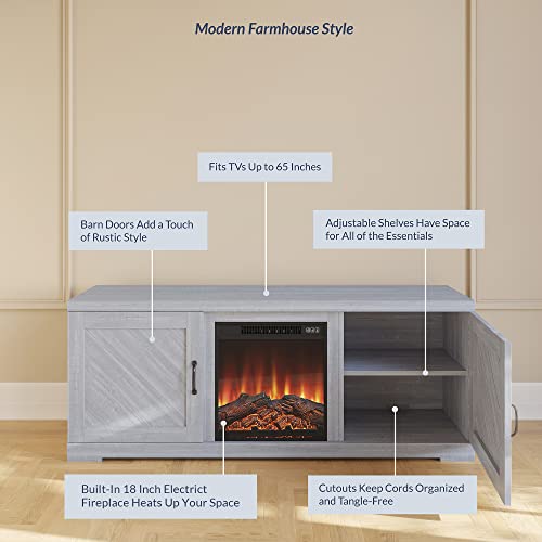Belleze Modern 58 Inch Farmhouse Tv Stand With 18 Inch Electric Fireplace & Media Entertainment Center Console Table For Tv Up To 65 Inch With Storage Cabinets And Infrared Heater - Hilo (Stone Grey) #TOP2