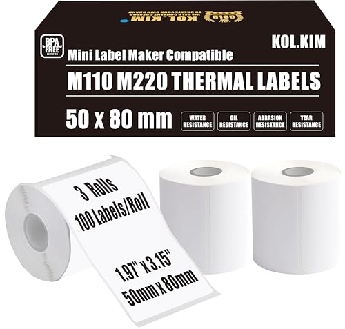 M220 Labels M110 Thermal Labels for Phomemo M110 M220 M120 M221 Label Maker Tape Refill for CLABEL 221B Label Refill 1.97'' x 3.15'' 50x80mm 3 Rolls White