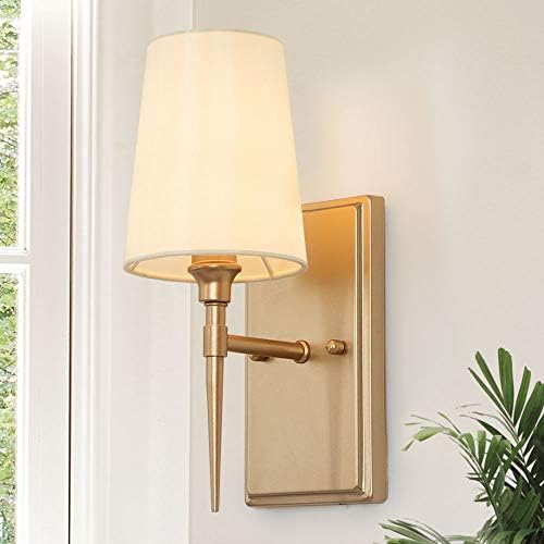 classy leaves Sconces Wall Lighting Fixture, 1 Light Gold Bathroom Light Fixtures with White Fabric Shade, Modern Gold Wall Sconce for Bathroom, Bedroom and Hallway (6.5" W x 12" H)