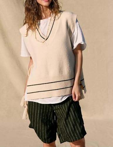 Image of Women's V Neck Sweater Vest Loose Knit Sleeveless Poncho Side Binding Fringe Pullover Tank Tops