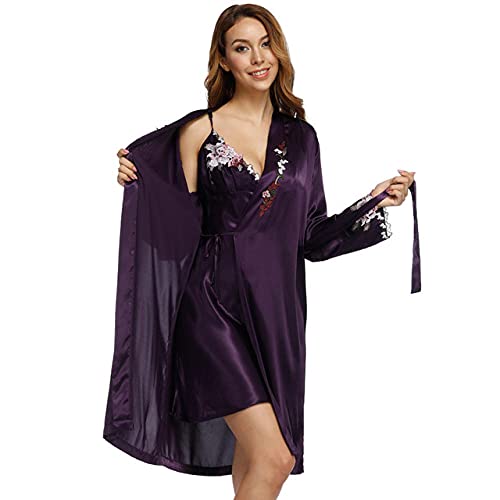 YHWW Nachtwäsche,Exquisite Seidenrobe-Kleid-Sets Bestickte Bademäntel Seiden-Morgenmäntel für Frauen Satin-Robe Sexy gepolstertes Satin-Nachtkleid, Lila, XXXL Cover