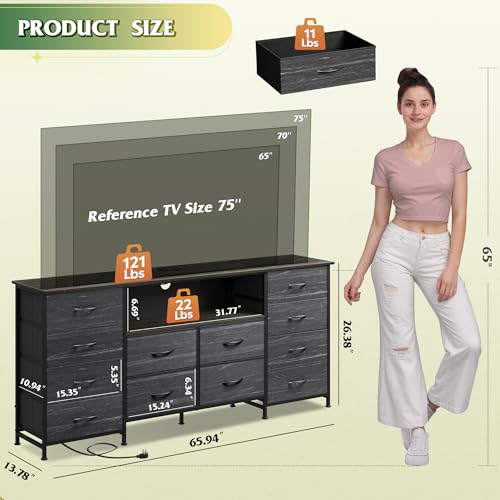 Image of WLIVE Dresser TV Stand for 75 Inch TV, 12 Drawers, LED, Black Wood Grain