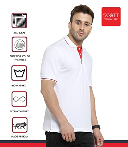 Image of Scott International Men's Organic Cotton Regular Fit Polo T-Shirt (White with Red, 2XL)