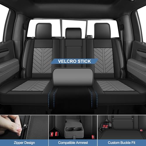 Image of for Chevy Chevrolet Silverado Seat Covers 2007-2025 2026 | Gmc Sierra 1500 2500hd 3500hd Full Set Crew Cab Leather Seat Protectors with Lumbar Support(5 Seats,Black&Grey)