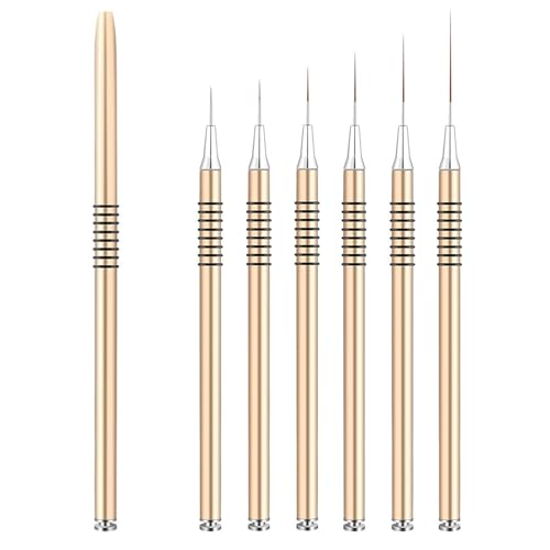 Xynovate 6 Piezas Cepillo Uñas Para Pintura Brochas, Pinceles para Uñas Fino de Gel Nail Art Decoracion con Tapa, Nail Art Pintura Dibujo Línea Herramienta DIY Nail Art Design(Gold)