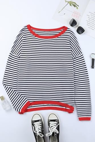 Image of Women's Striped Sweater Long Sleeve Crew Neck Ribbed Knit 2024 Fall Winter Pullover Sweater Tops